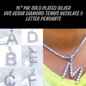 Tennis Necklace 16” Silver VVS Diamond Pendant Set